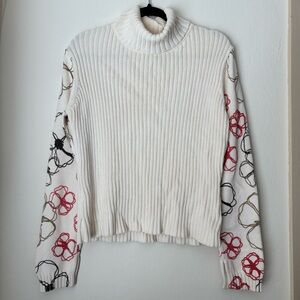 Cousin Johnny Ribbed Turtleneck Sweater Size Large Cream Floral Sleeves Cotton